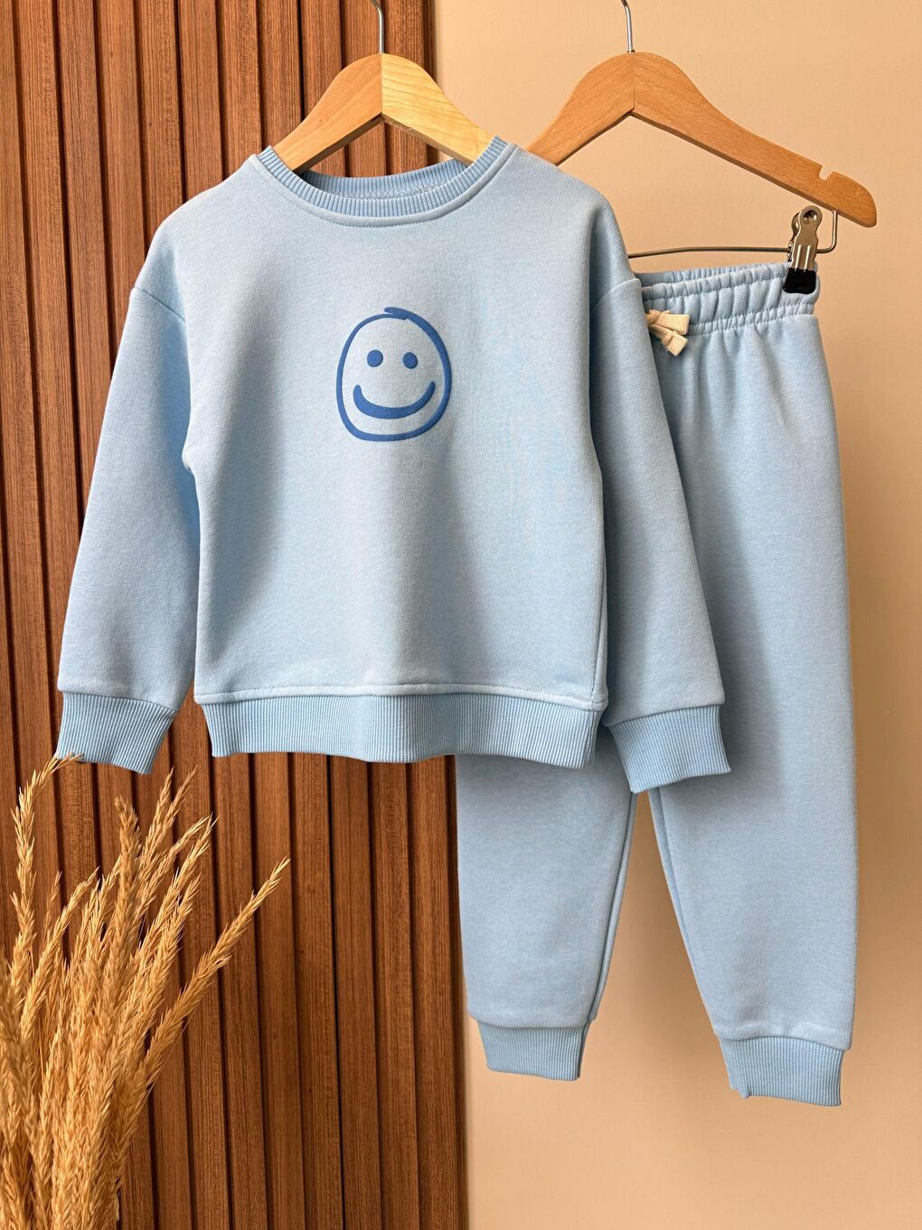 Unisex Çocuk Pamuklu Mavi Smiley Baskılı Eşofman Takımı - Rahat Kalıp-2
