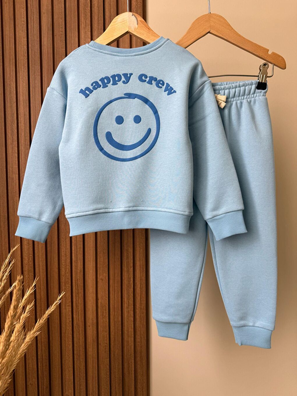 Unisex Çocuk Pamuklu Mavi Smiley Baskılı Eşofman Takımı - Rahat Kalıp-4