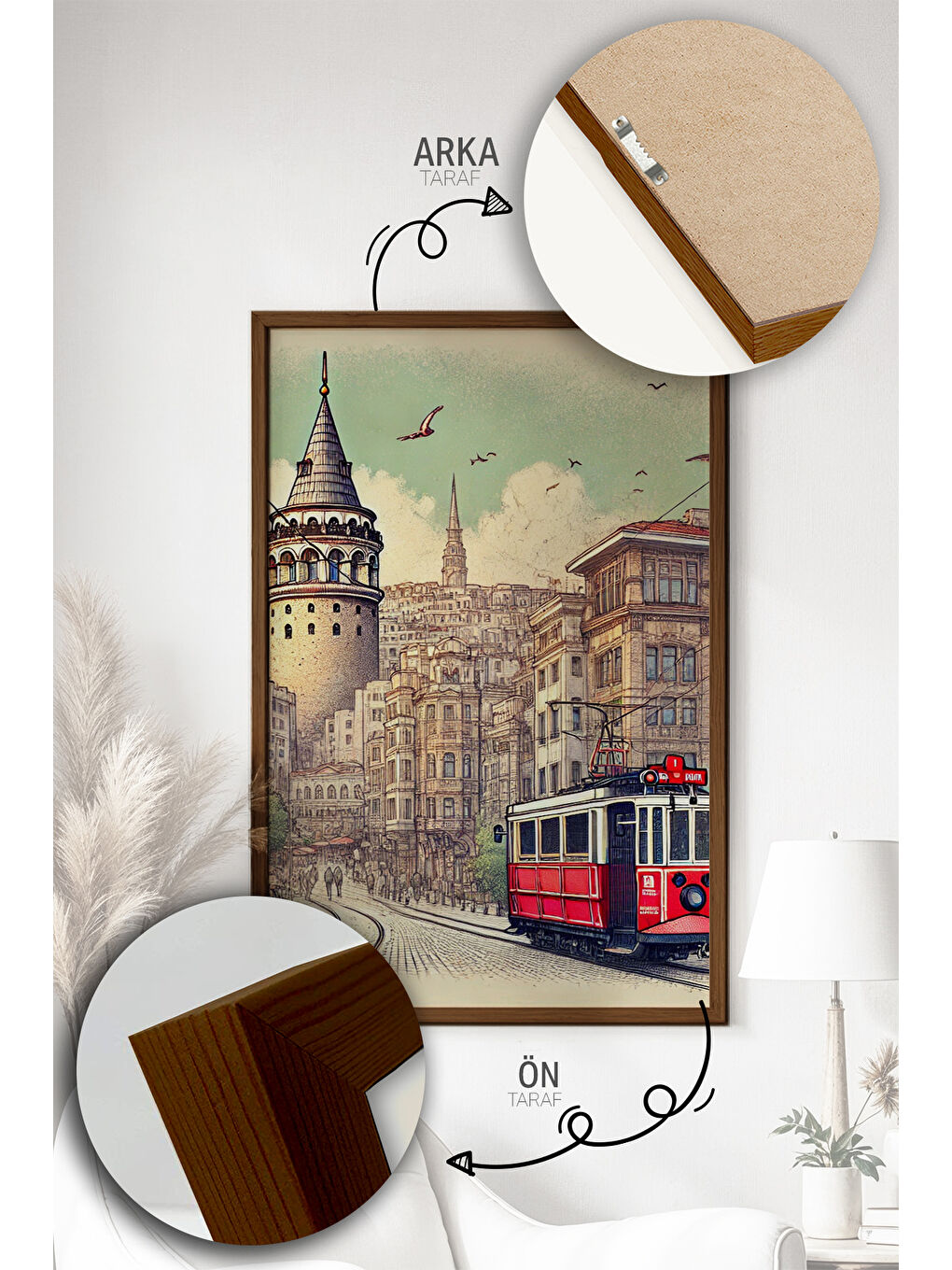 Beyaz Tek Parça Kahverengi Gerçek Ahşap Çerçeveli Tablo Seti - Model 45 - ERSYKHVCRV45-3348-2