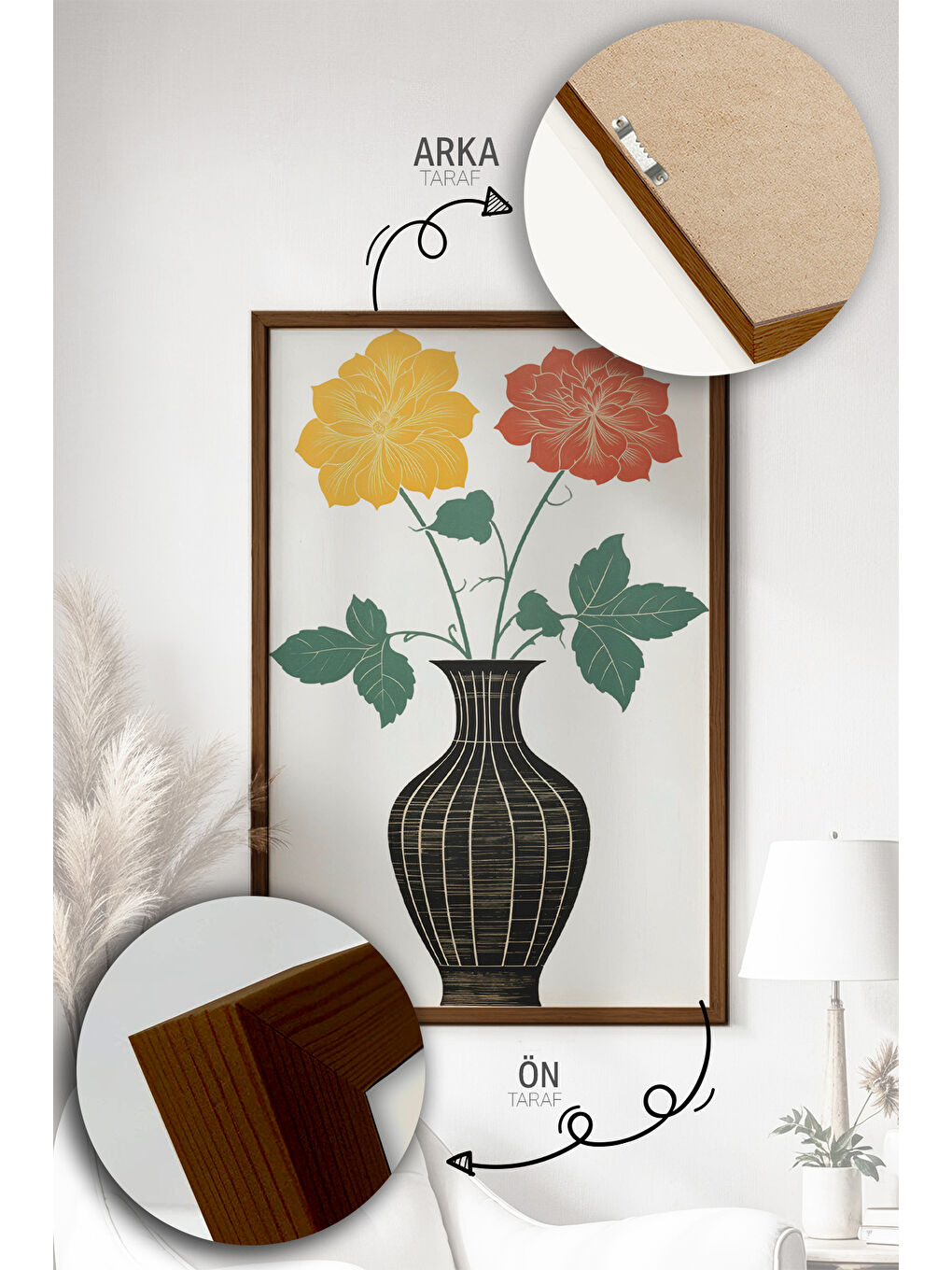 Beyaz Tek Parça Kahverengi Gerçek Ahşap Çerçeveli Tablo Seti - Model 46 - ERSYKHVCRV46-3348-2