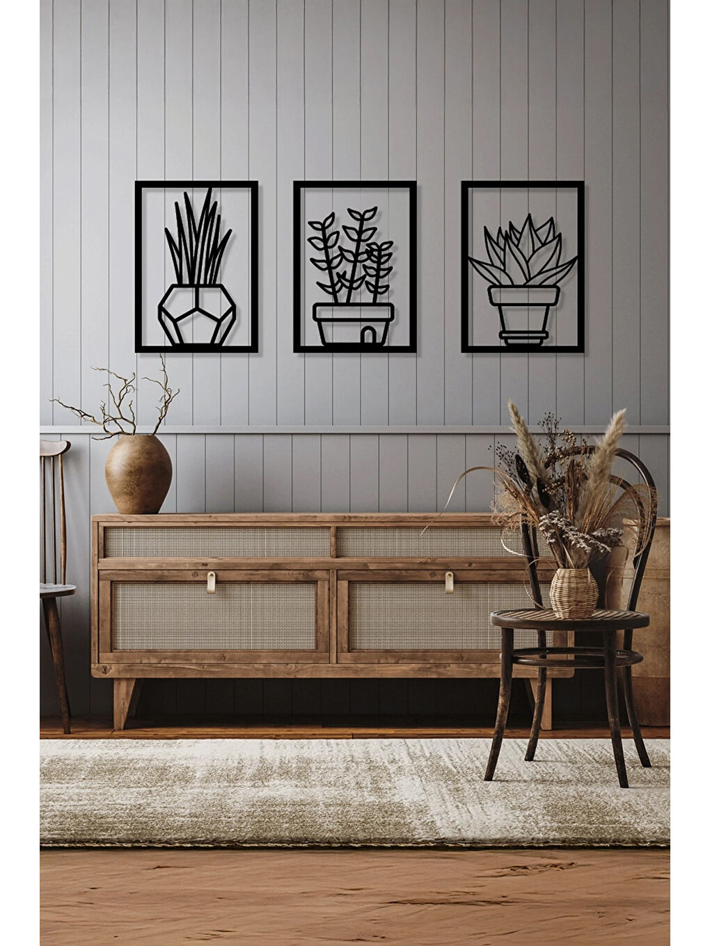 Beyaz 3 Parça Vazoda Çiçekler Temalı Lazer Kesim Mdf Tablo Seti - Model 2 - ERSYLAZERMDL2-2030