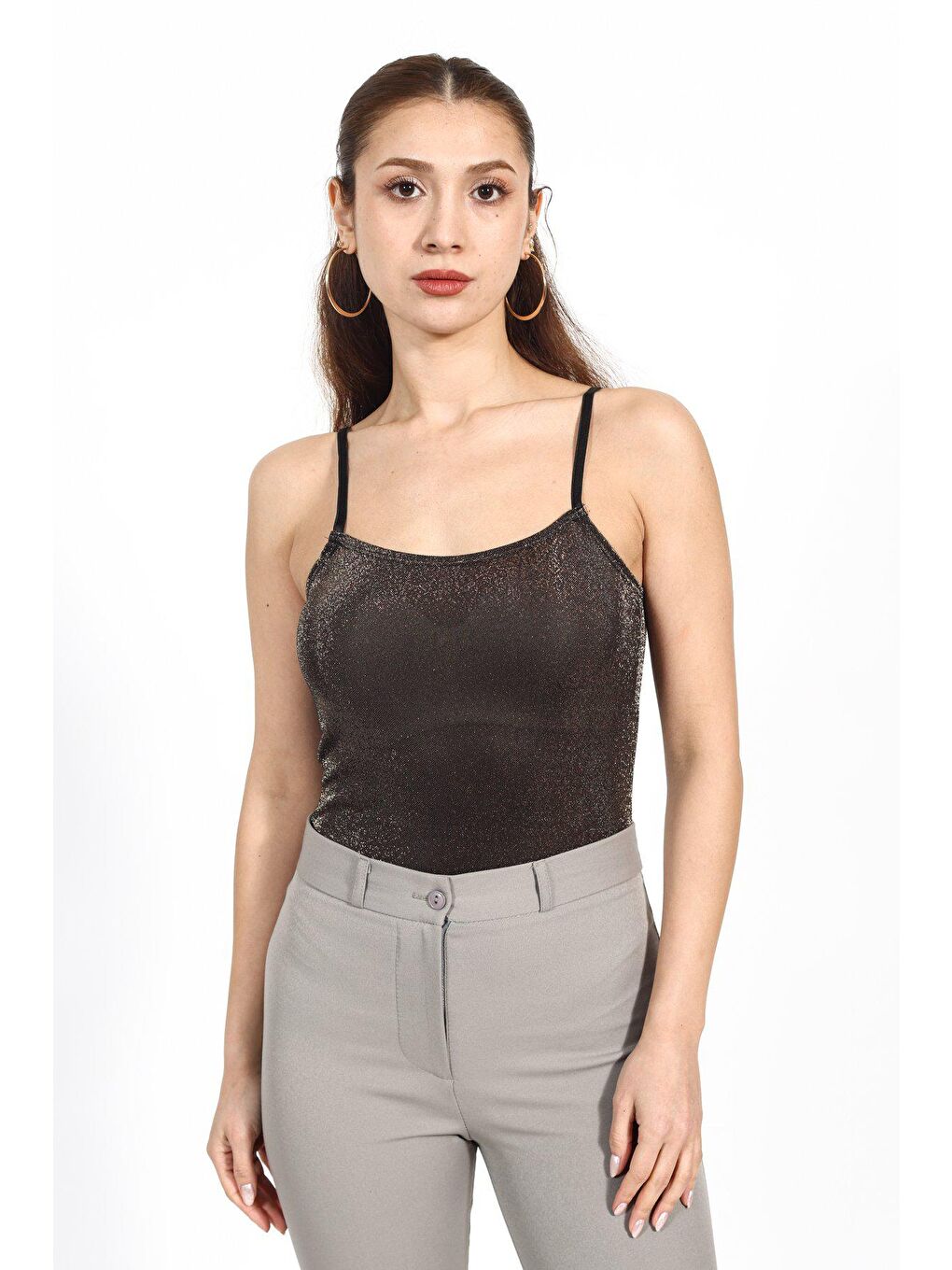 Sarı Kadın Simli Askılı Bodysuit  Atlet 5114-1