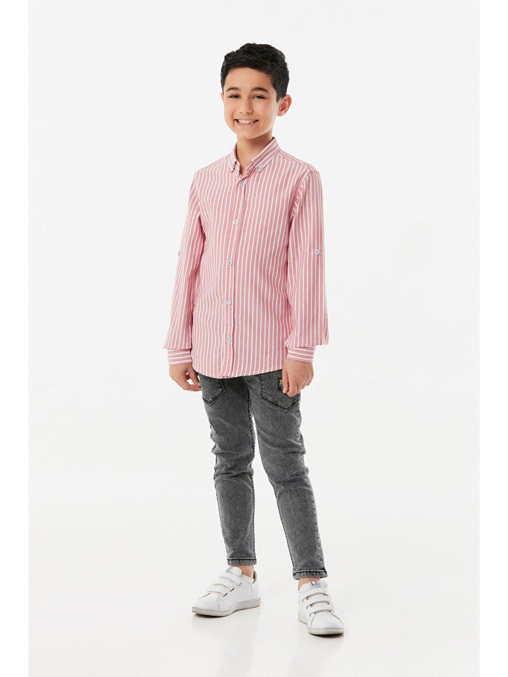 Kırmızı Çizgili Kolu Katlamalı Erkek Çocuk Gömlek-1