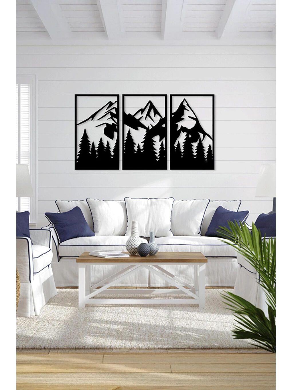 Beyaz 3 Parça Orman Dağlar Temalı Lazer Kesim Mdf Tablo Seti - Model 4 - ERSYLAZERMDL4-1520-1