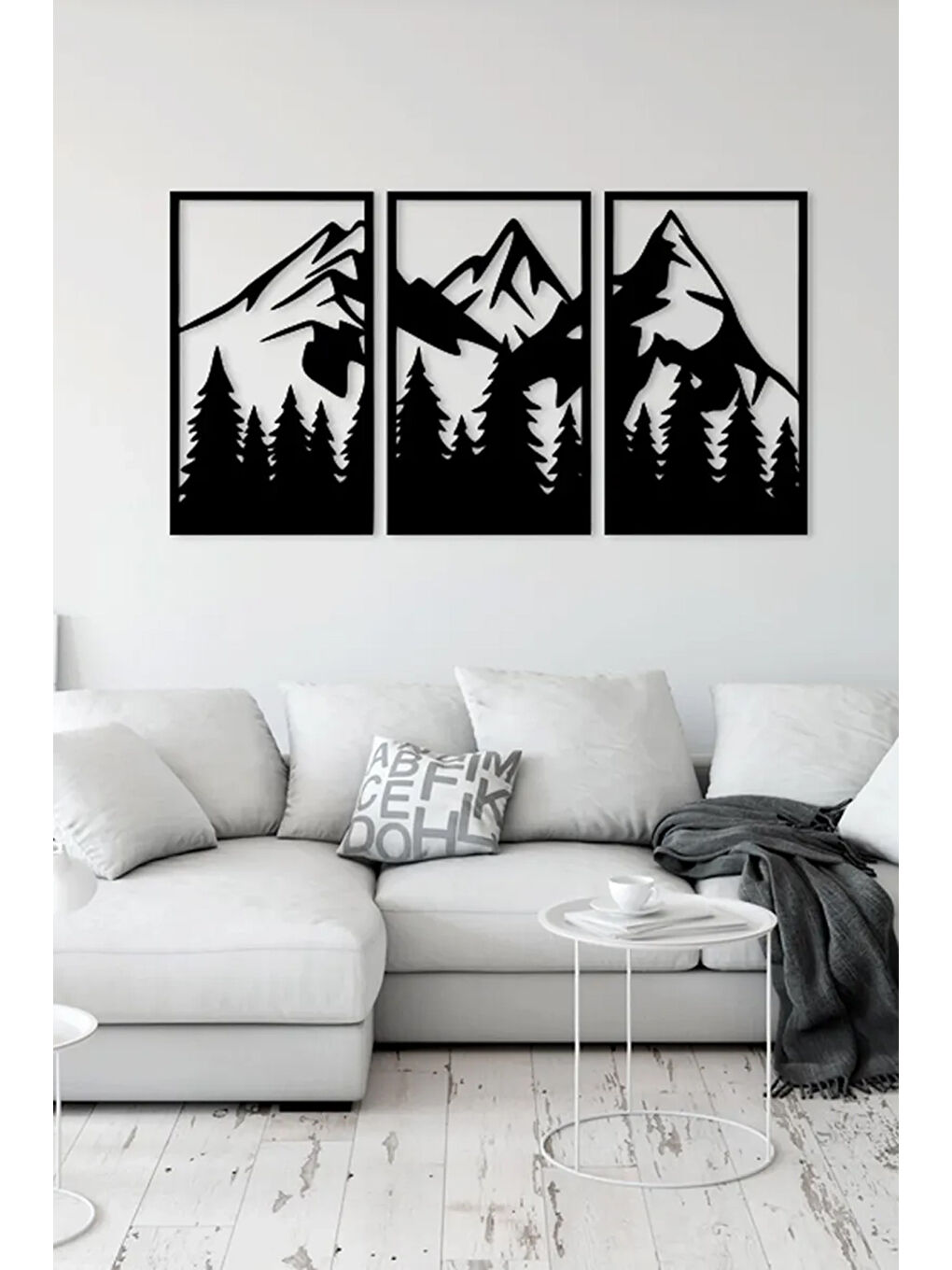 Beyaz 3 Parça Orman Dağlar Temalı Lazer Kesim Mdf Tablo Seti - Model 4 - ERSYLAZERMDL4-1520-2