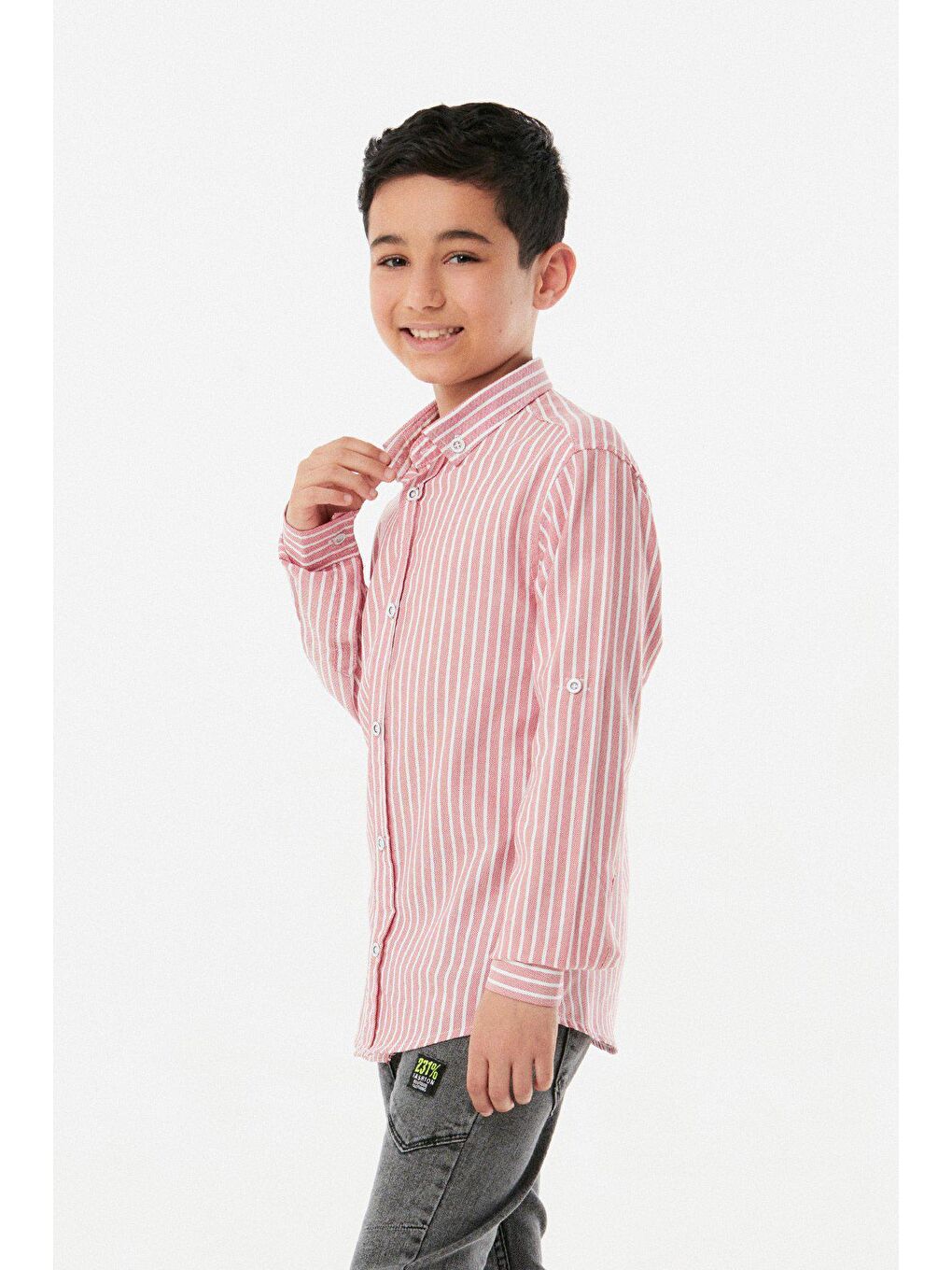 Kırmızı Çizgili Kolu Katlamalı Erkek Çocuk Gömlek-3