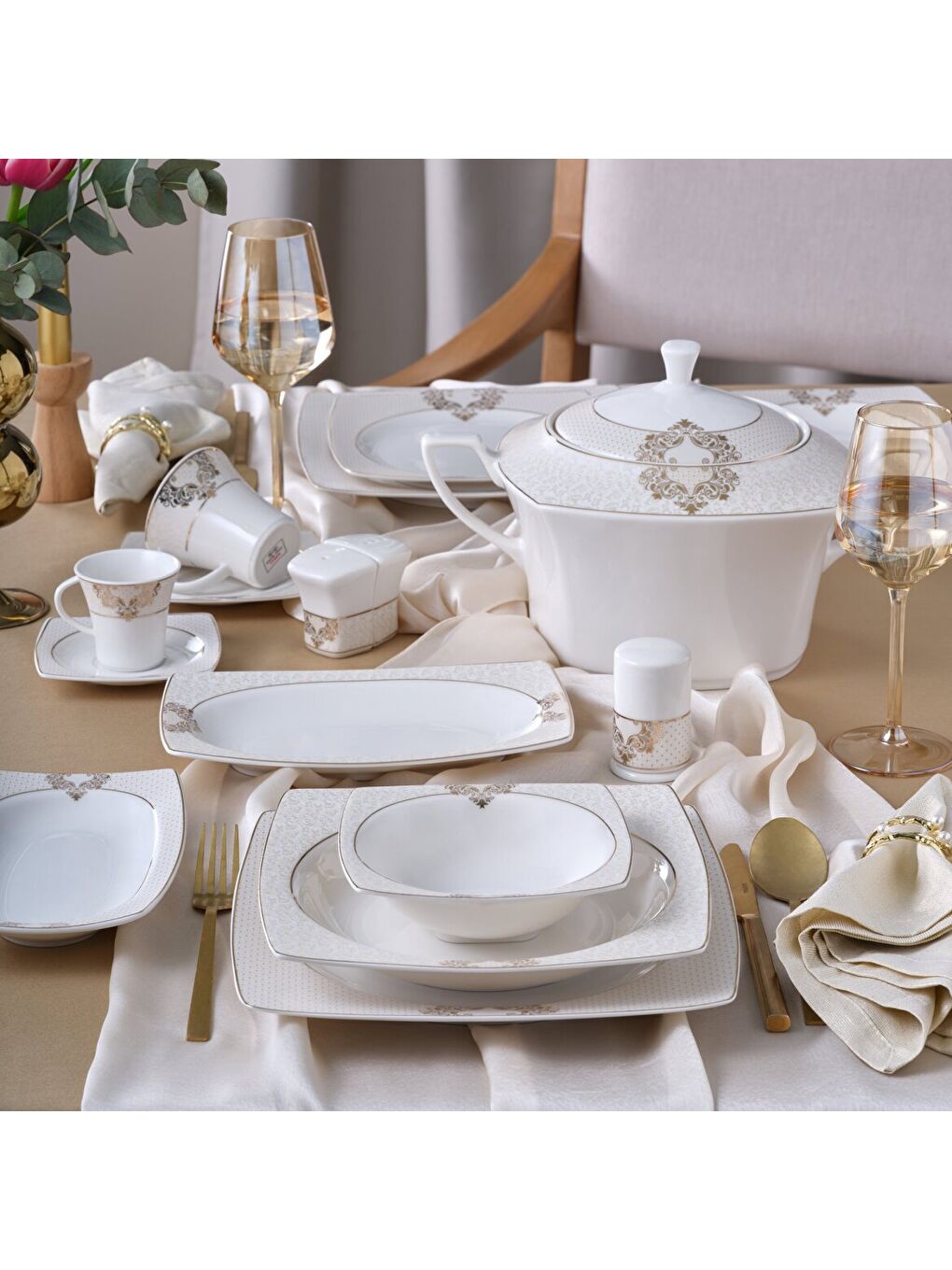 Ekru Caroline 85 Parça 12 Kişilik Kare Yemek Takımı 6600