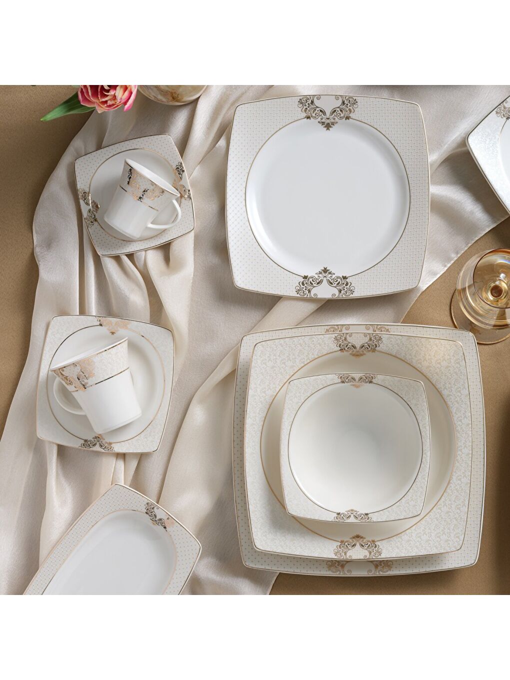 Ekru Caroline 85 Parça 12 Kişilik Kare Yemek Takımı 6600-2