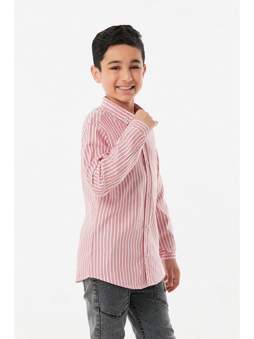 Kırmızı Çizgili Kolu Katlamalı Erkek Çocuk Gömlek-4