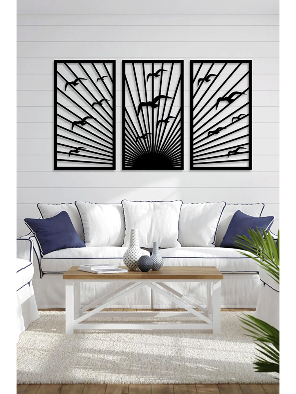 Beyaz 3 Parça Kuşlar ve Batımı Temalı Lazer Kesim Mdf Tablo Seti - Model 5 - ERSYLAZERMDL5-2030-3