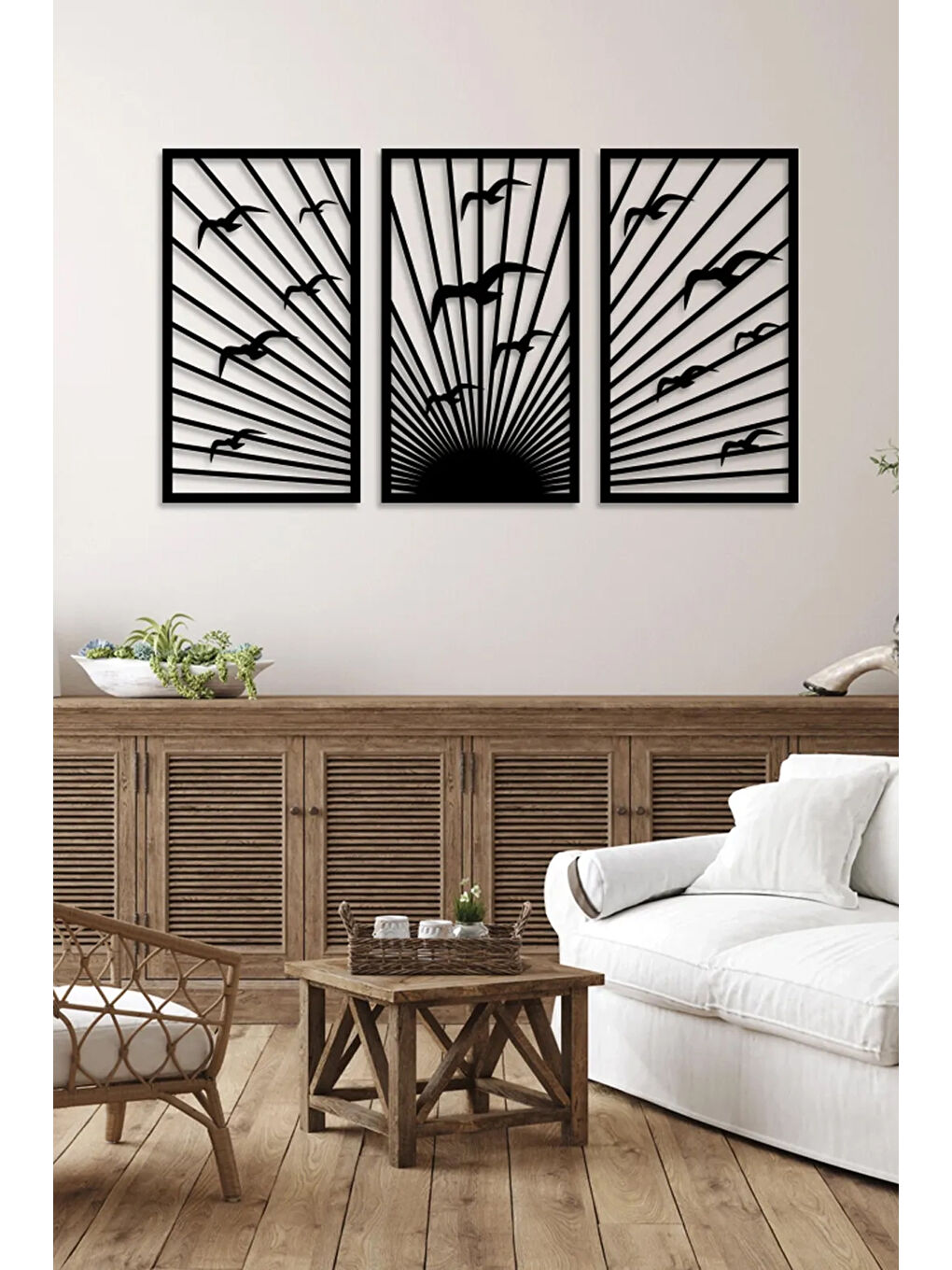 Beyaz 3 Parça Kuşlar ve Batımı Temalı Lazer Kesim Mdf Tablo Seti - Model 5 - ERSYLAZERMDL5-3348