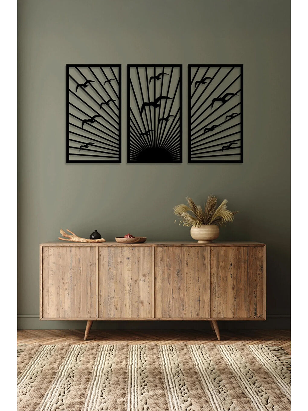 Beyaz 3 Parça Kuşlar ve Batımı Temalı Lazer Kesim Mdf Tablo Seti - Model 5 - ERSYLAZERMDL5-3348-1