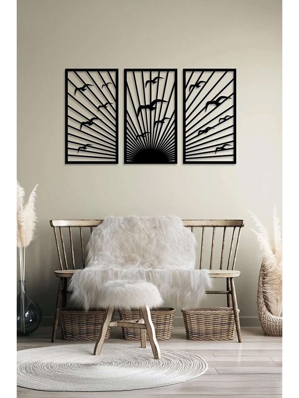 Beyaz 3 Parça Kuşlar ve Batımı Temalı Lazer Kesim Mdf Tablo Seti - Model 5 - ERSYLAZERMDL5-3348-2