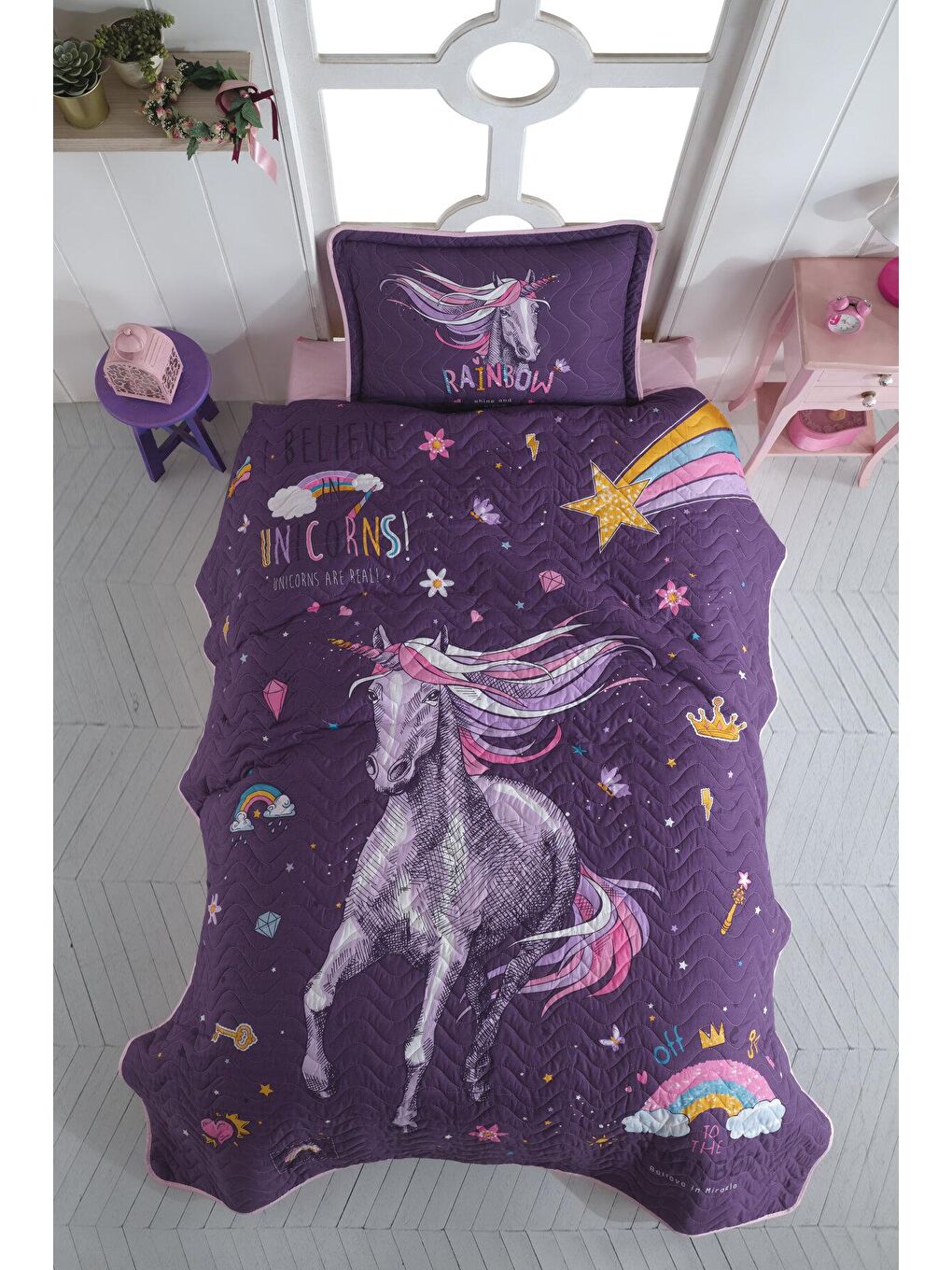 Mor %100 Pamuk Tek Kişilik Yatak Örtüsü Seti