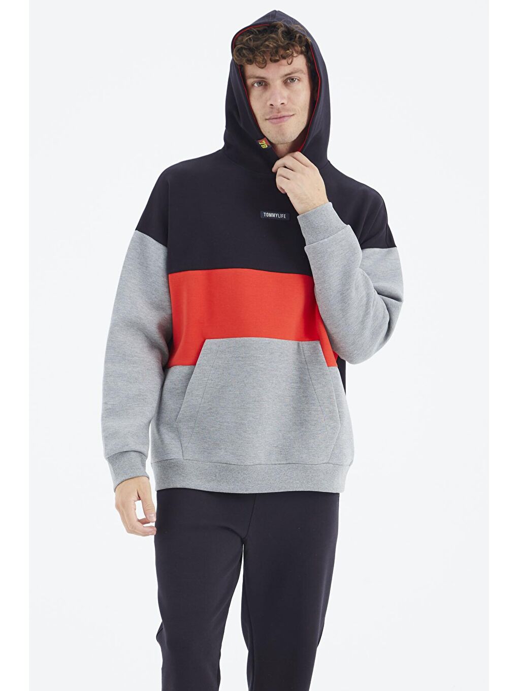 TOMMYLIFE Gri Melanj Kapüşonlu Renk Bloklu Rahat Kalıp Erkek Sweatshirt - 88295 - 3