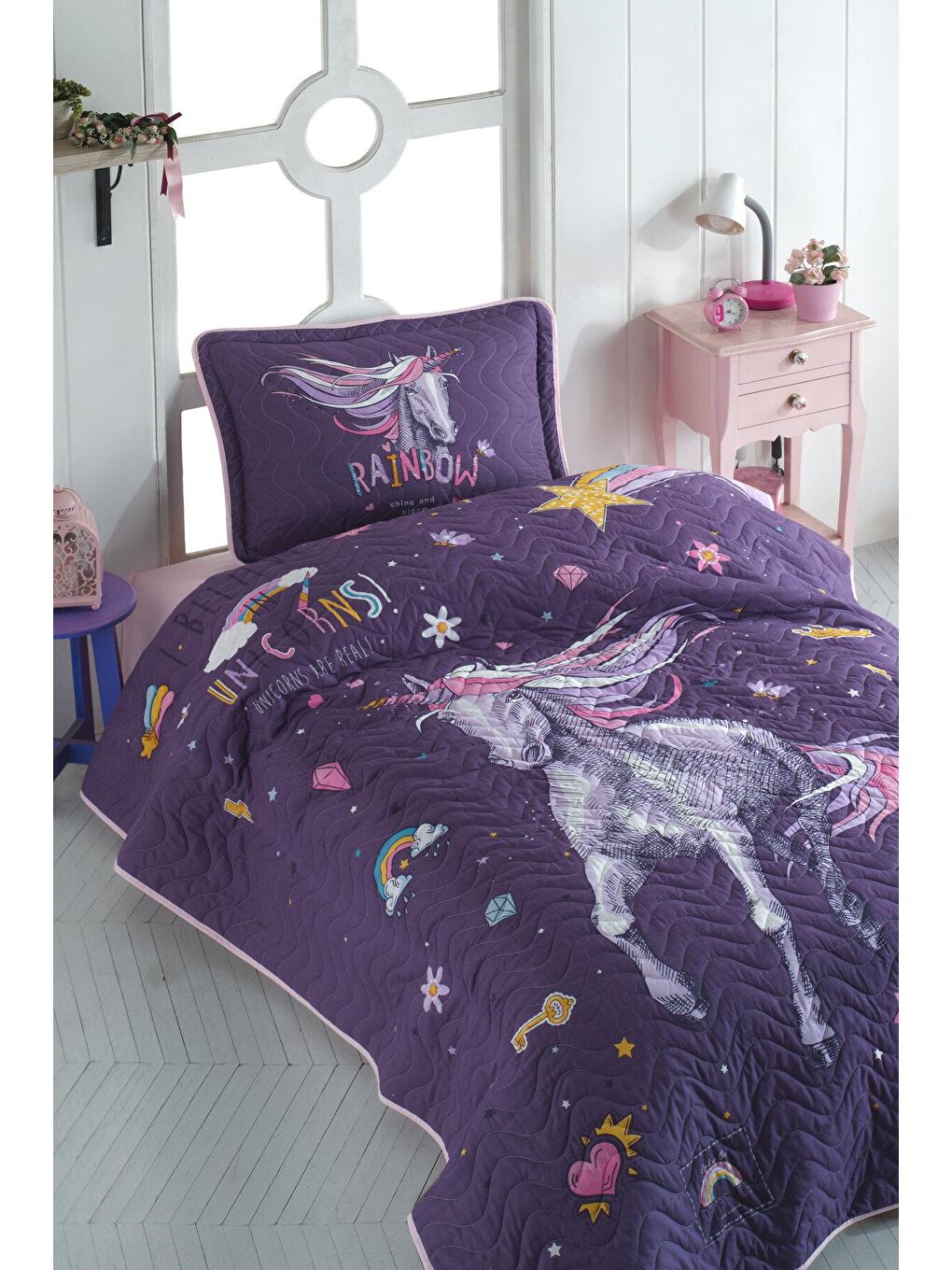 Mor %100 Pamuk Tek Kişilik Yatak Örtüsü Seti-1