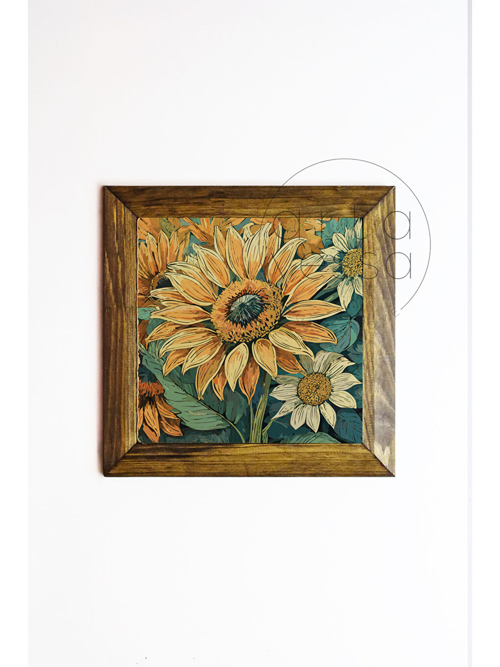 Beyaz Masif Ahşap Çerçeveli Taş Tablo Pano 26 x 26 cm - Bahar ve Çiçek 2 - 26 x 26-1