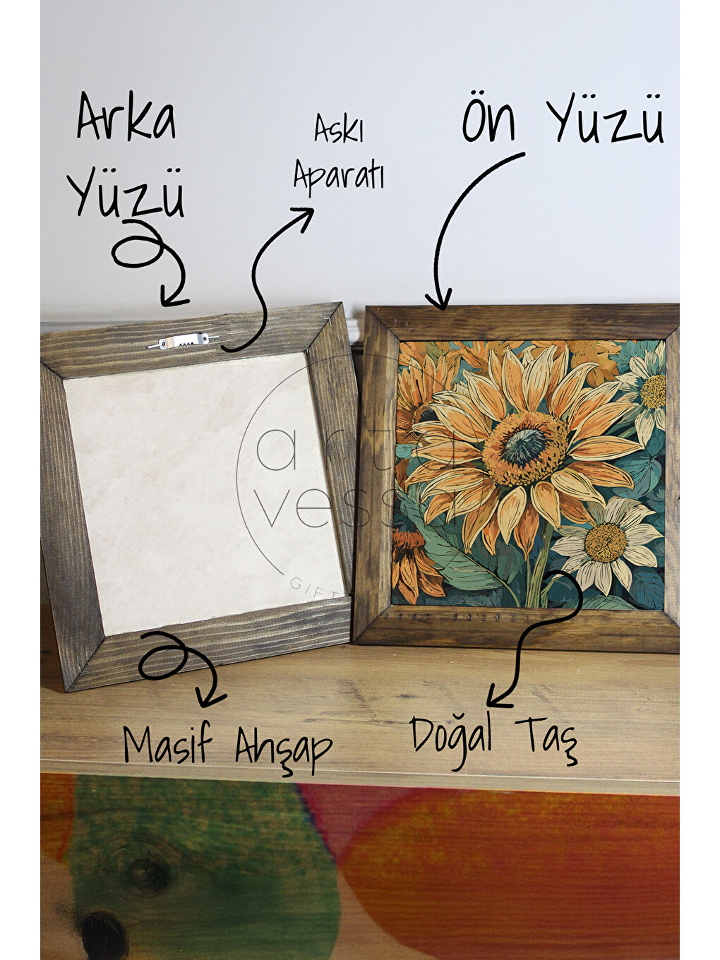 Beyaz Masif Ahşap Çerçeveli Taş Tablo Pano 26 x 26 cm - Bahar ve Çiçek 2 - 26 x 26-2