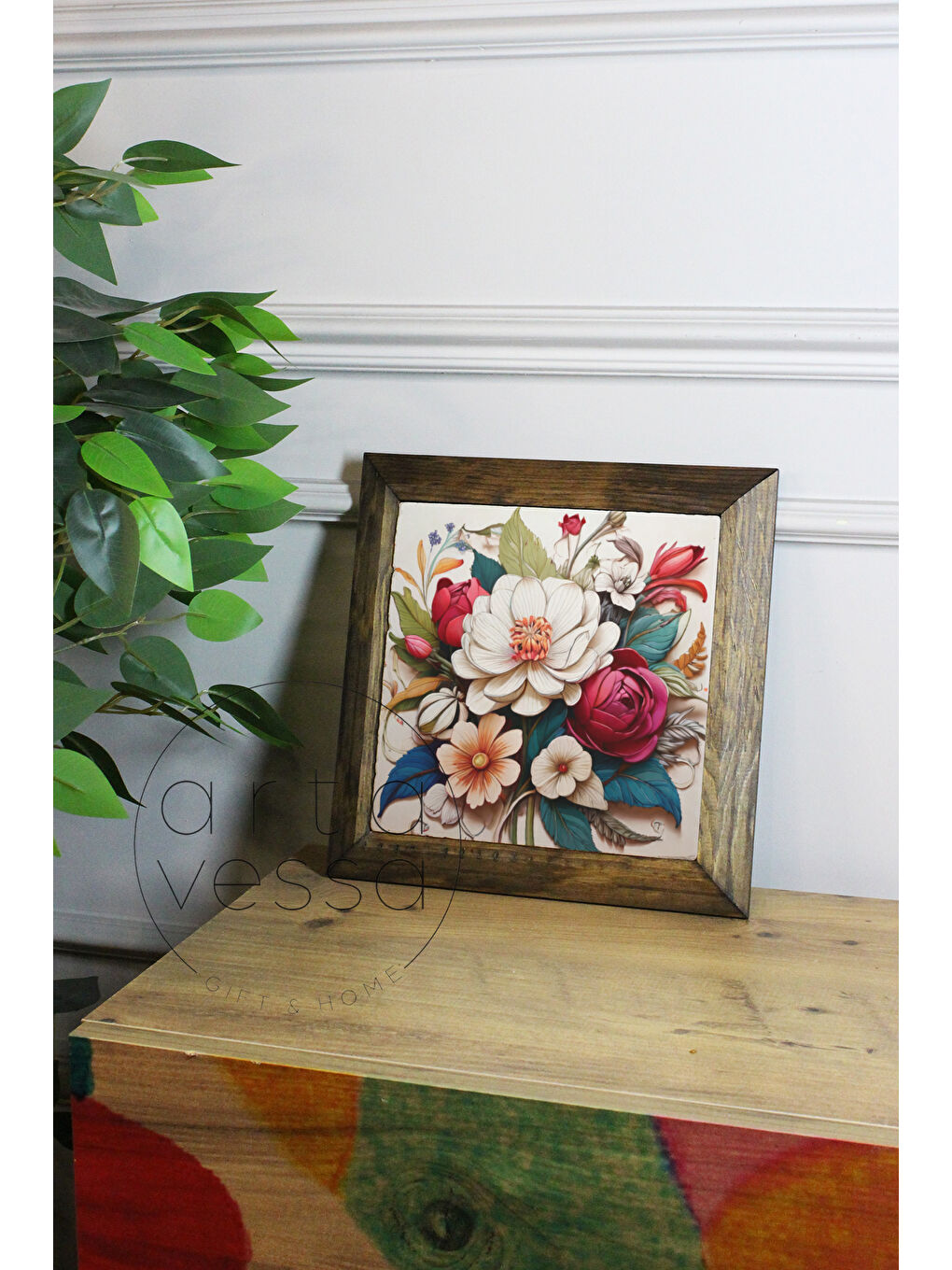 Beyaz Masif Ahşap Çerçeveli Taş Tablo Pano 16 x 16 cm - Bahar ve Çiçek 3 - 26 x 26