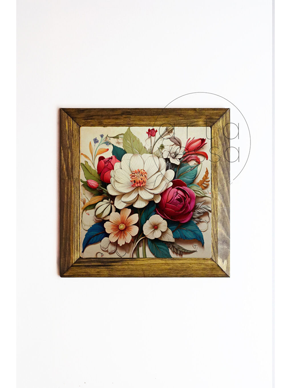 Beyaz Masif Ahşap Çerçeveli Taş Tablo Pano 16 x 16 cm - Bahar ve Çiçek 3 - 26 x 26-1