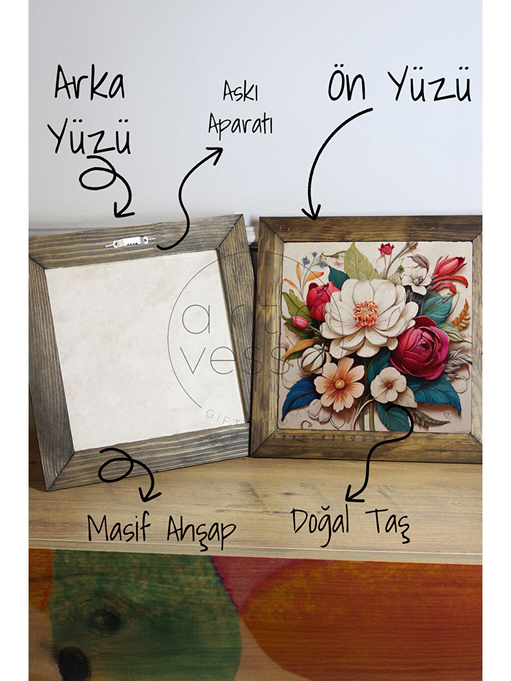 Beyaz Masif Ahşap Çerçeveli Taş Tablo Pano 16 x 16 cm - Bahar ve Çiçek 3 - 26 x 26-2