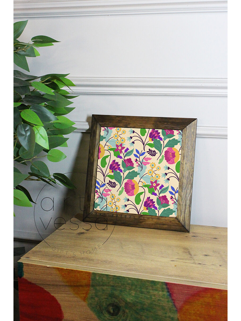 Beyaz Masif Ahşap Çerçeveli Taş Tablo Pano 16 x 16 cm - Bahar ve Çiçek 4 - 16 x 16