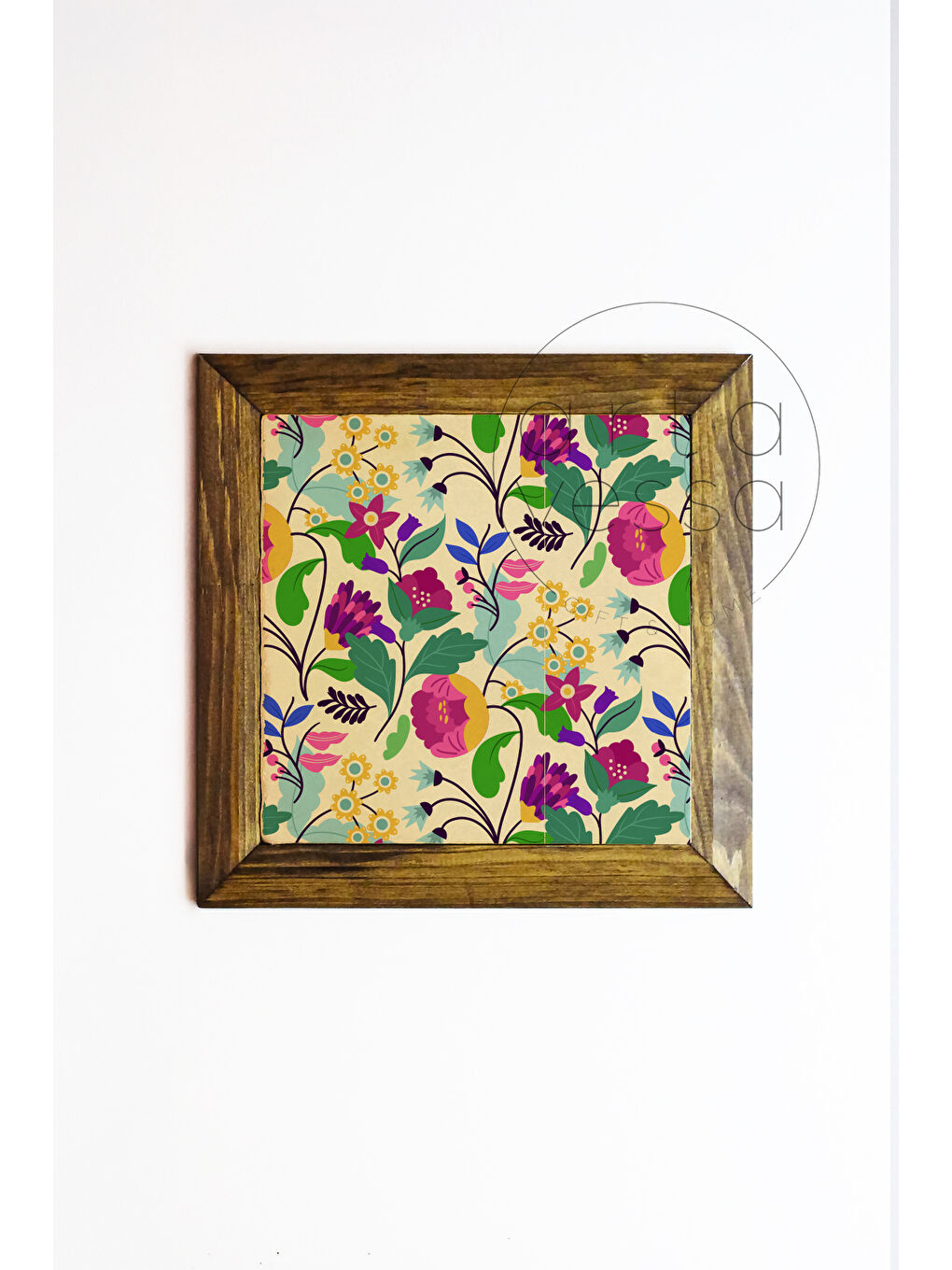 Beyaz Masif Ahşap Çerçeveli Taş Tablo Pano 16 x 16 cm - Bahar ve Çiçek 4 - 16 x 16-1