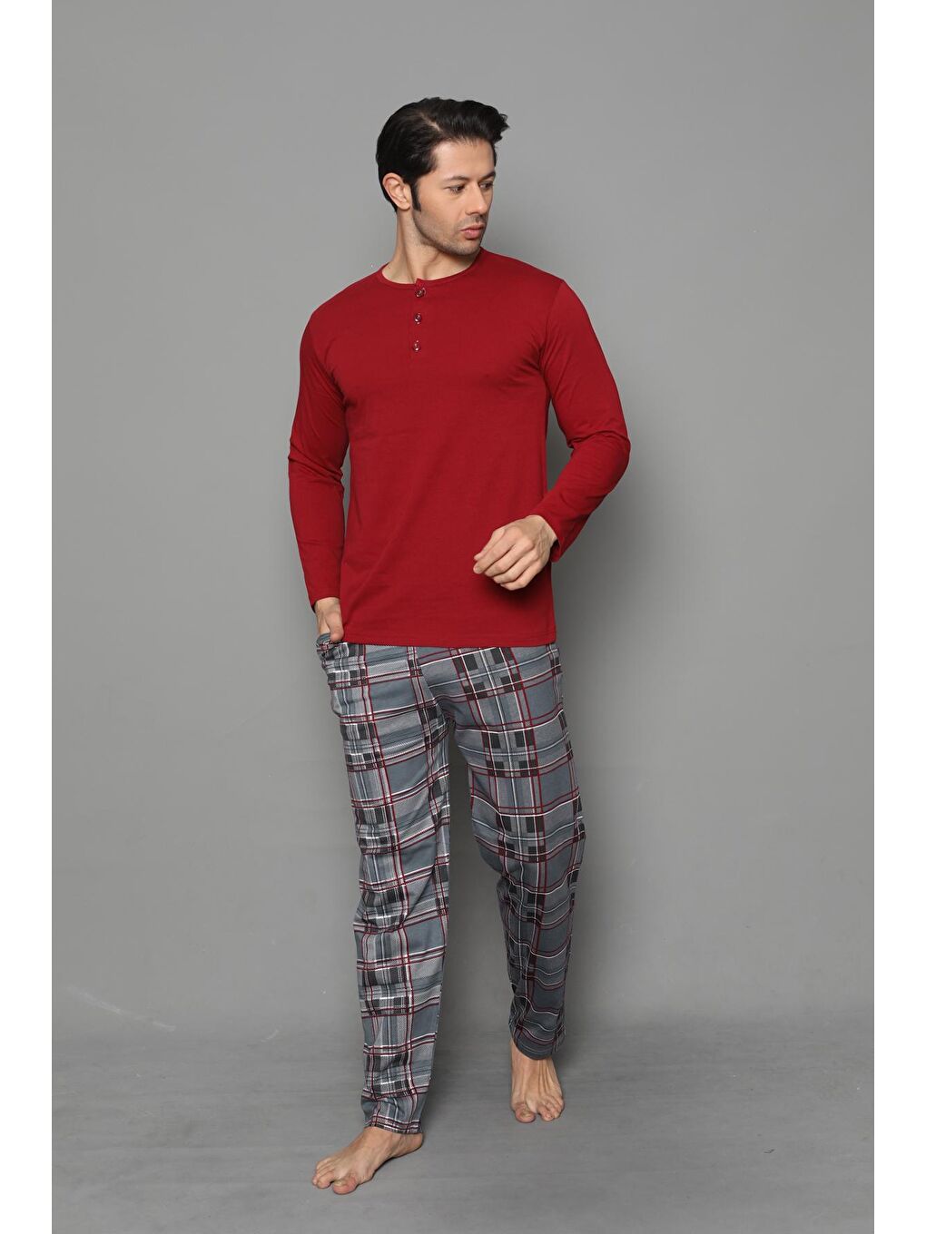 Bordo Erkek Düğmeli Pijama Takımı Kareli Takım