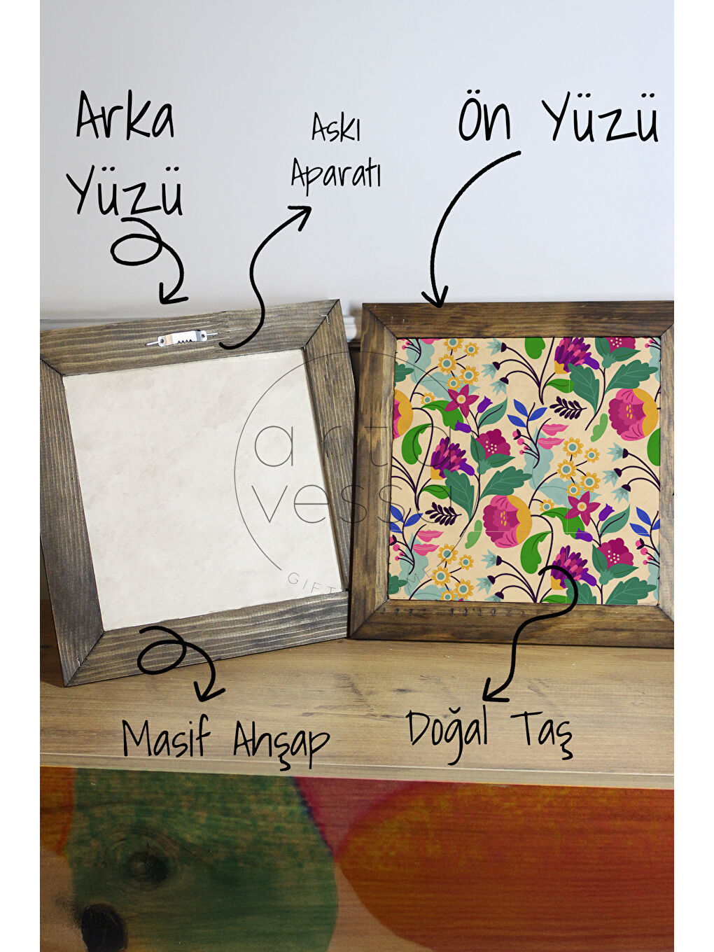 Beyaz Masif Ahşap Çerçeveli Taş Tablo Pano 16 x 16 cm - Bahar ve Çiçek 4 - 16 x 16-2