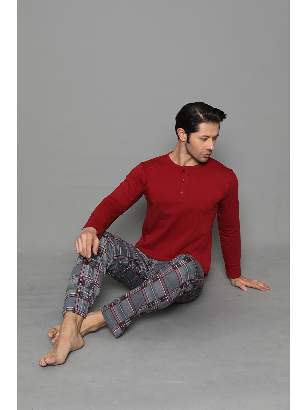 Bordo Erkek Düğmeli Pijama Takımı Kareli Takım-1