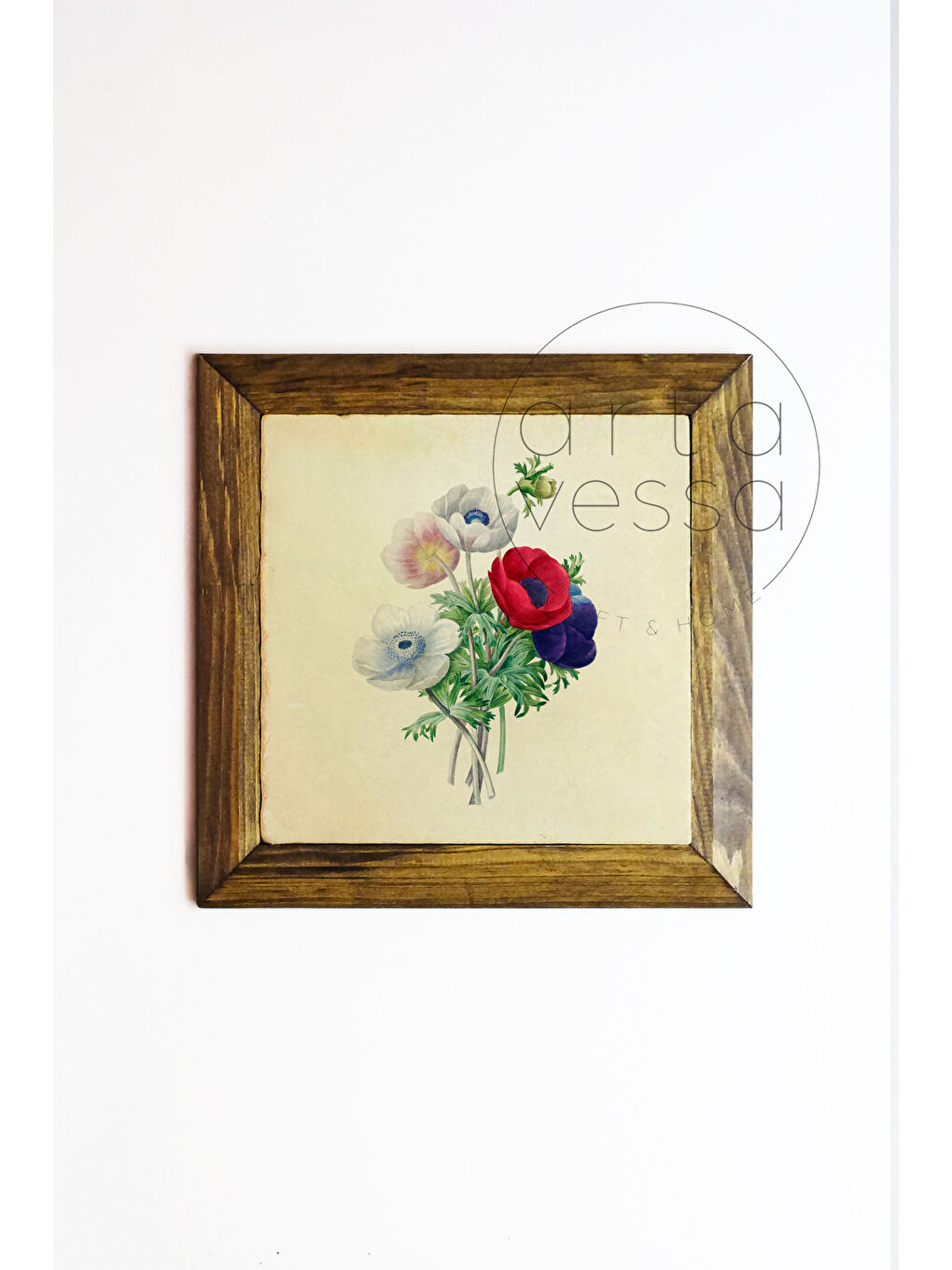 Beyaz Masif Ahşap Çerçeveli Taş Tablo Pano 16 x 16 cm - Bahar ve Çiçek 5 - 26 x 26-1