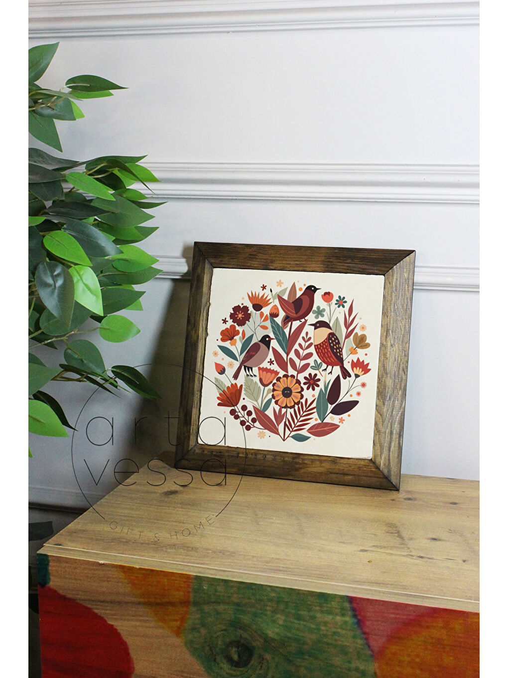 Beyaz Masif Ahşap Çerçeveli Taş Tablo Pano 16 x 16 cm - Bahar ve Kuşlar 1 - 26 x 26