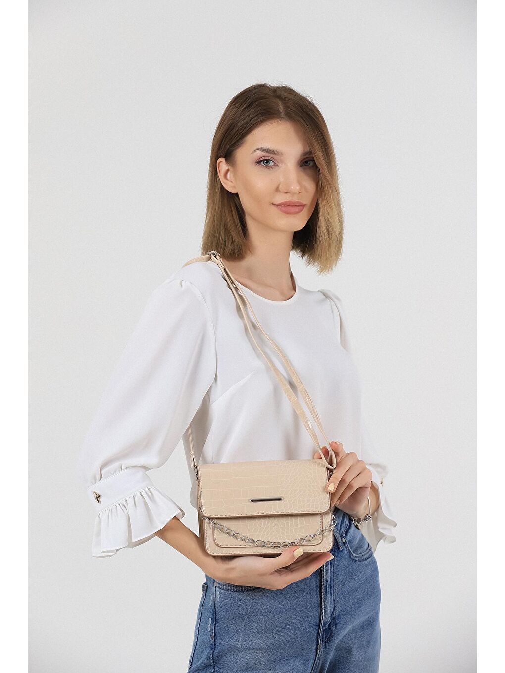 Ekru Deri Görünümlü Kroko Desenli Omuz Çantası