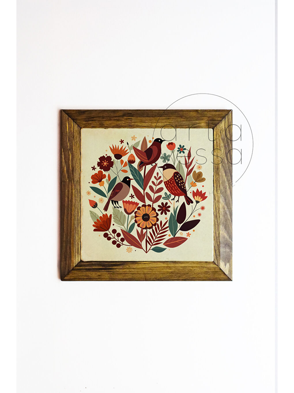 Beyaz Masif Ahşap Çerçeveli Taş Tablo Pano 16 x 16 cm - Bahar ve Kuşlar 1 - 16 x 16-1