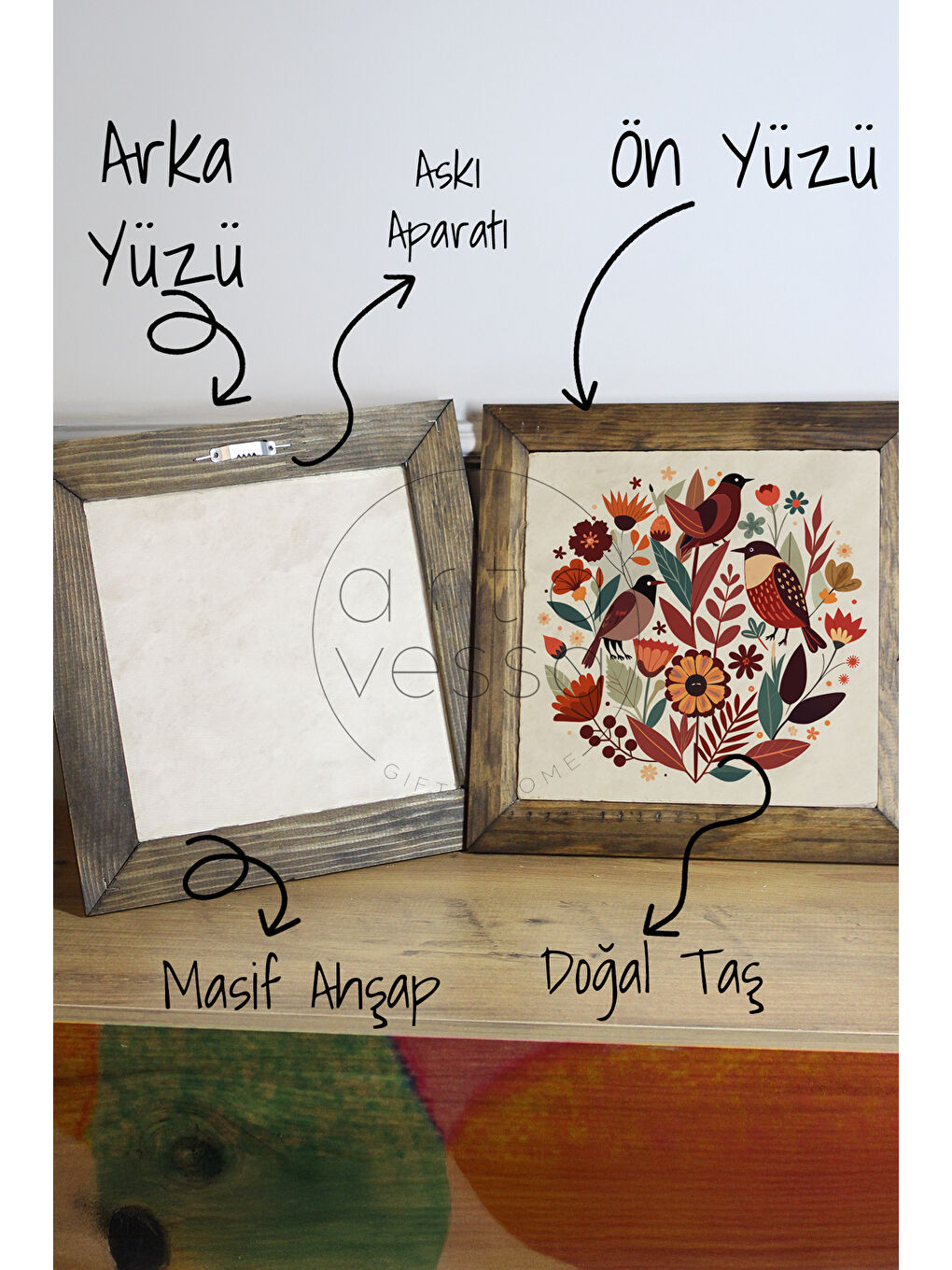 Beyaz Masif Ahşap Çerçeveli Taş Tablo Pano 16 x 16 cm - Bahar ve Kuşlar 1 - 16 x 16-2