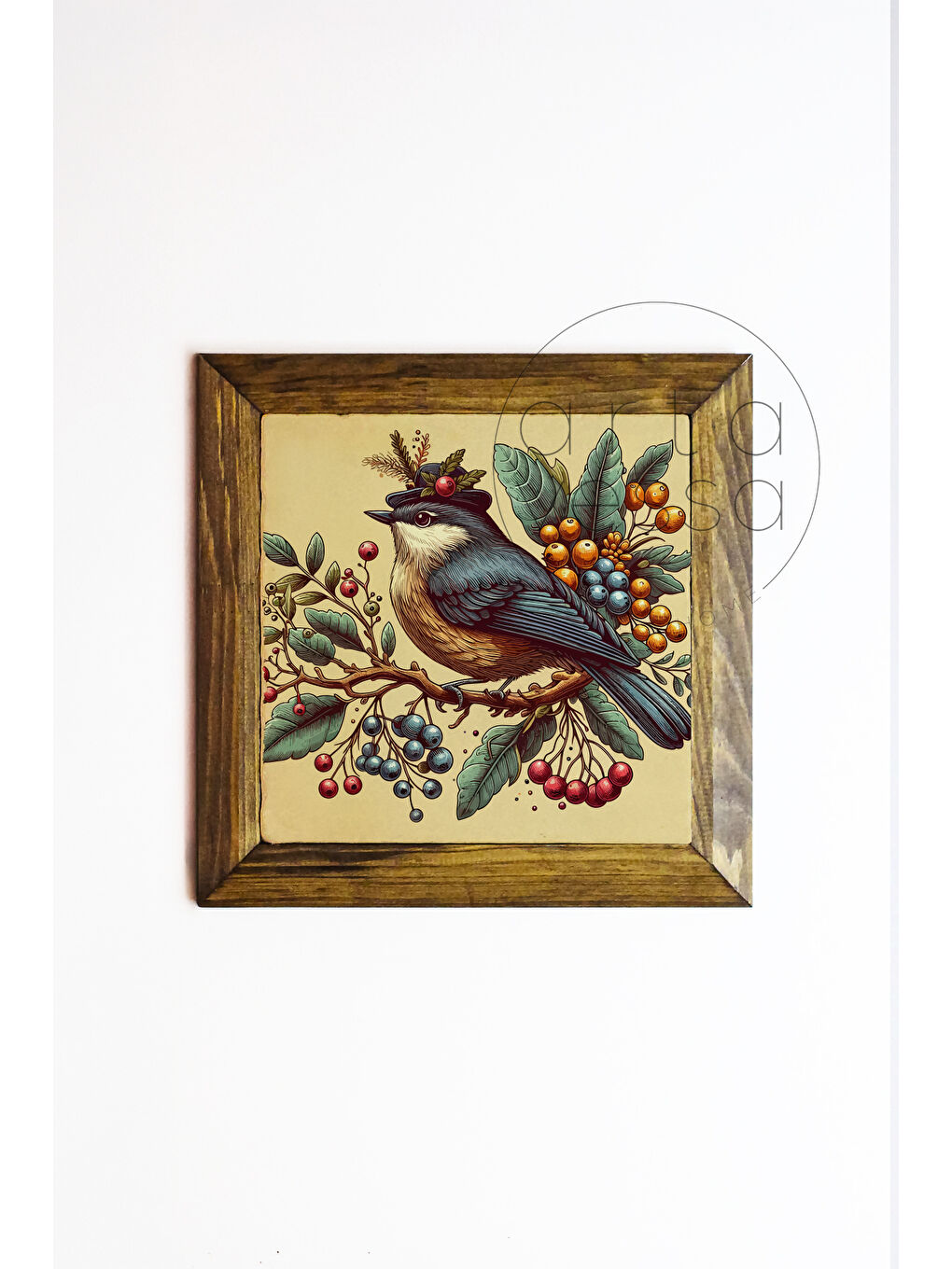 Beyaz Masif Ahşap Çerçeveli Taş Tablo Pano 26 x 26 cm - Bahar ve Kuşlar 2 - 26 x 26-1