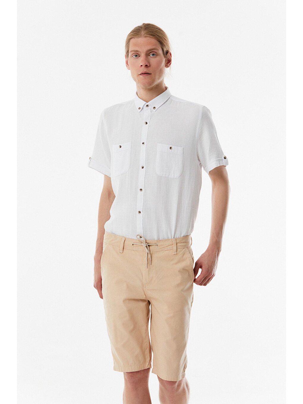 Bej Gabardin %100 Pamuk Şort-1