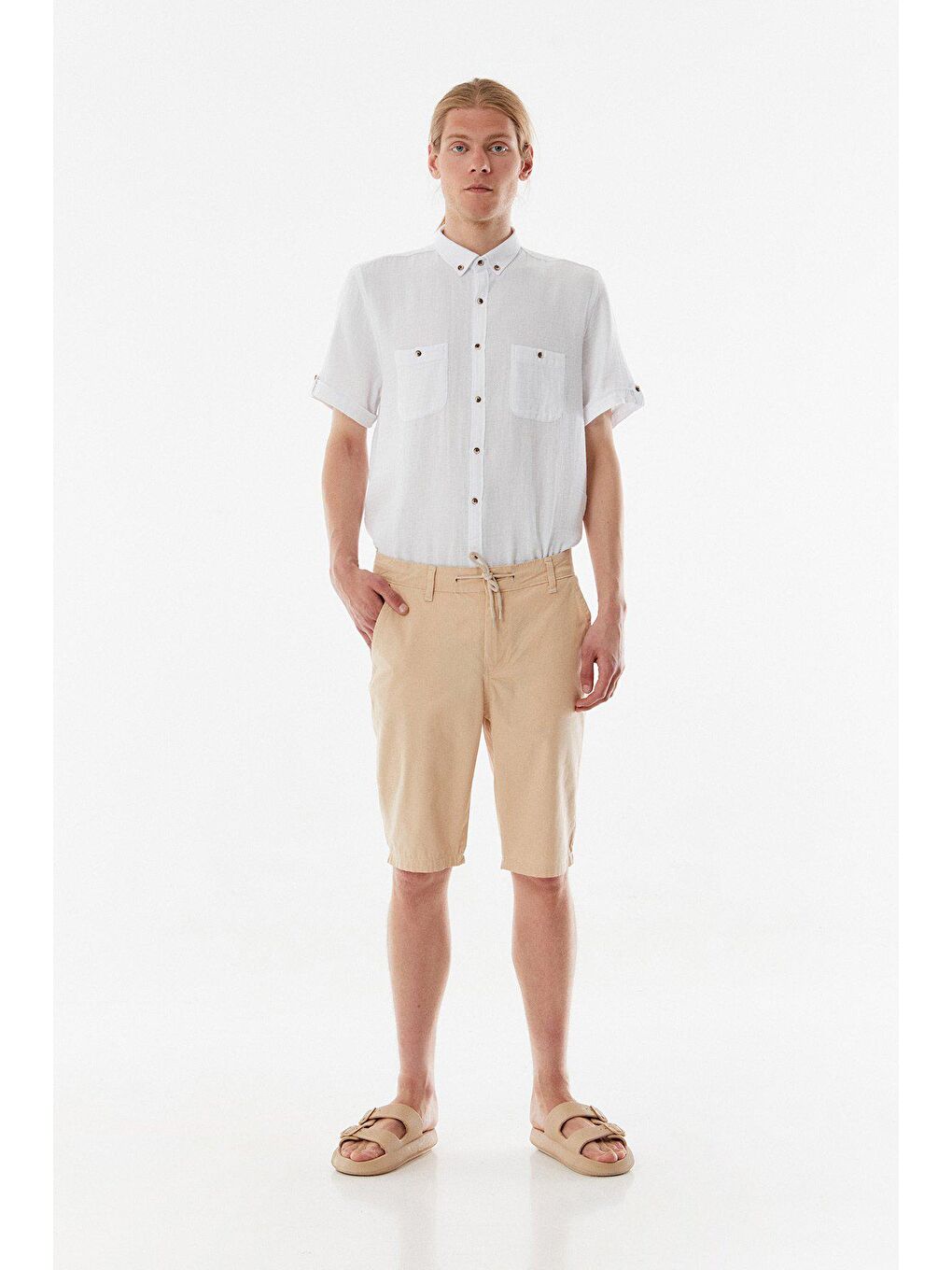 Bej Gabardin %100 Pamuk Şort-4