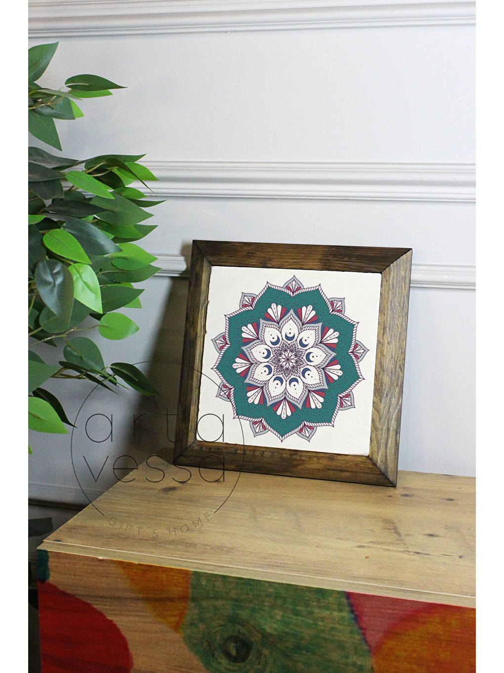 Beyaz Masif Ahşap Çerçeveli Taş Tablo Pano 16 x 16 cm - Mandala 4 - 26 x 26