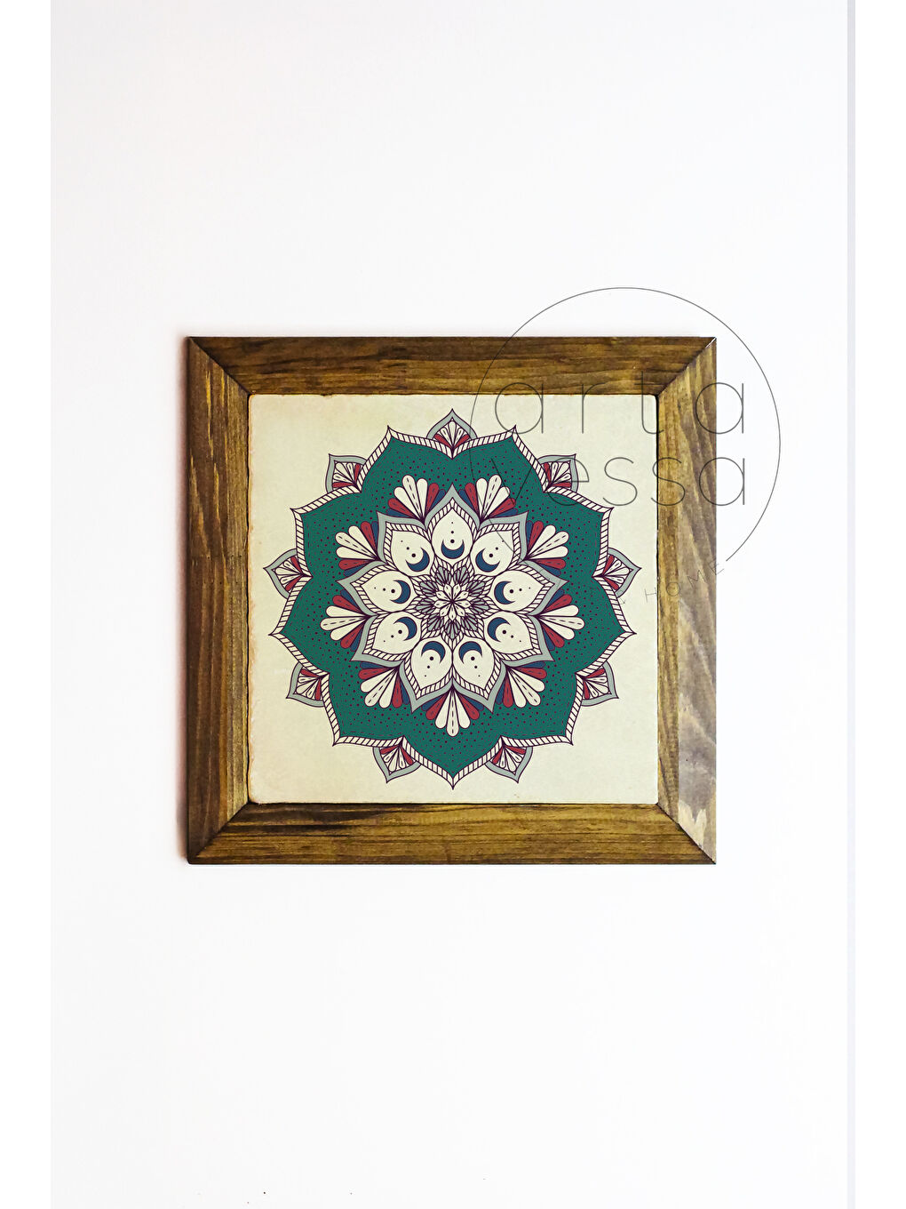 Beyaz Masif Ahşap Çerçeveli Taş Tablo Pano 16 x 16 cm - Mandala 4 - 26 x 26-1