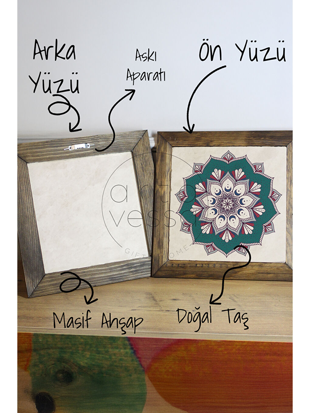 Beyaz Masif Ahşap Çerçeveli Taş Tablo Pano 16 x 16 cm - Mandala 4 - 26 x 26-2