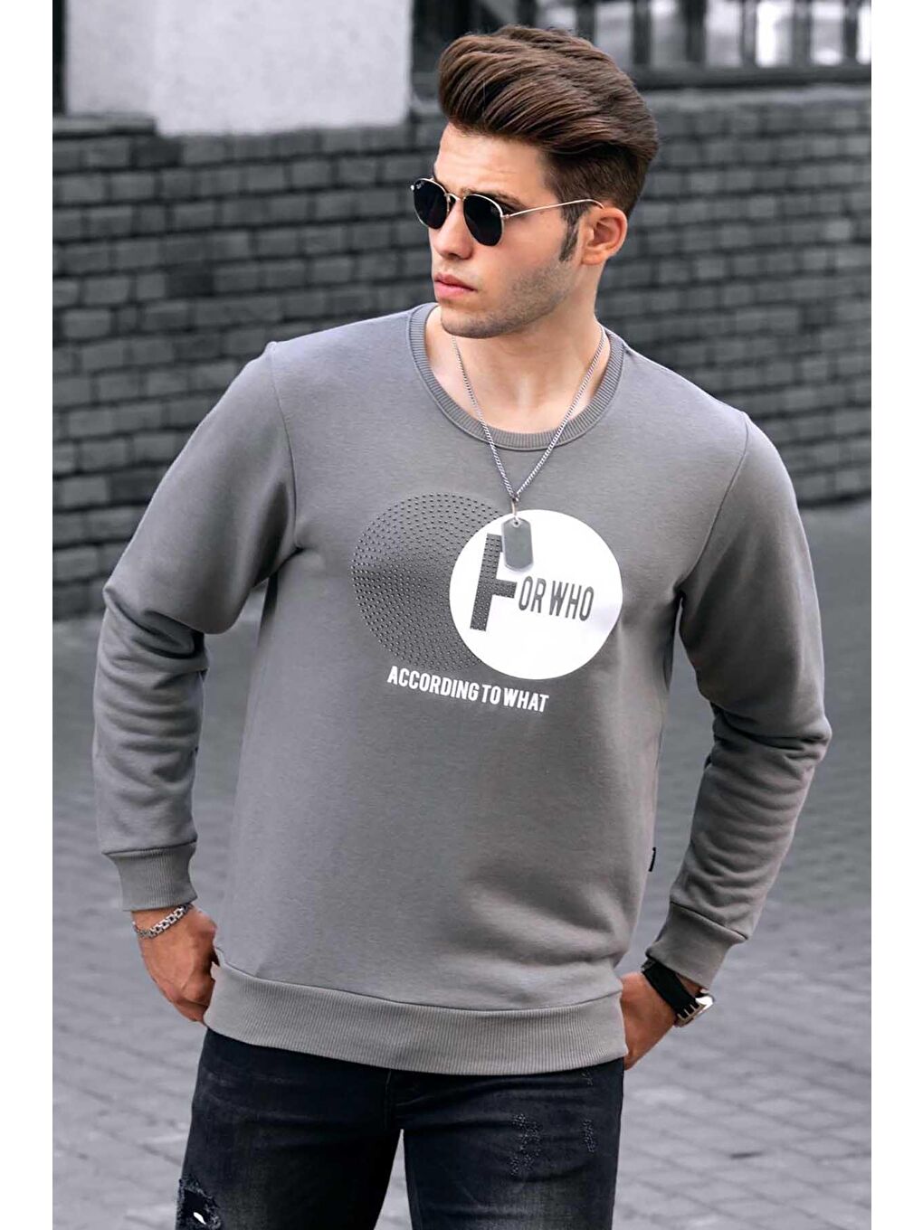 Gri Baskılı Bisiklet Yaka Sweatshirt 4756