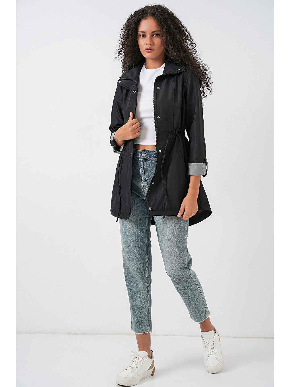 10322 Beli Büzgülü Trençkot - Siyah-1