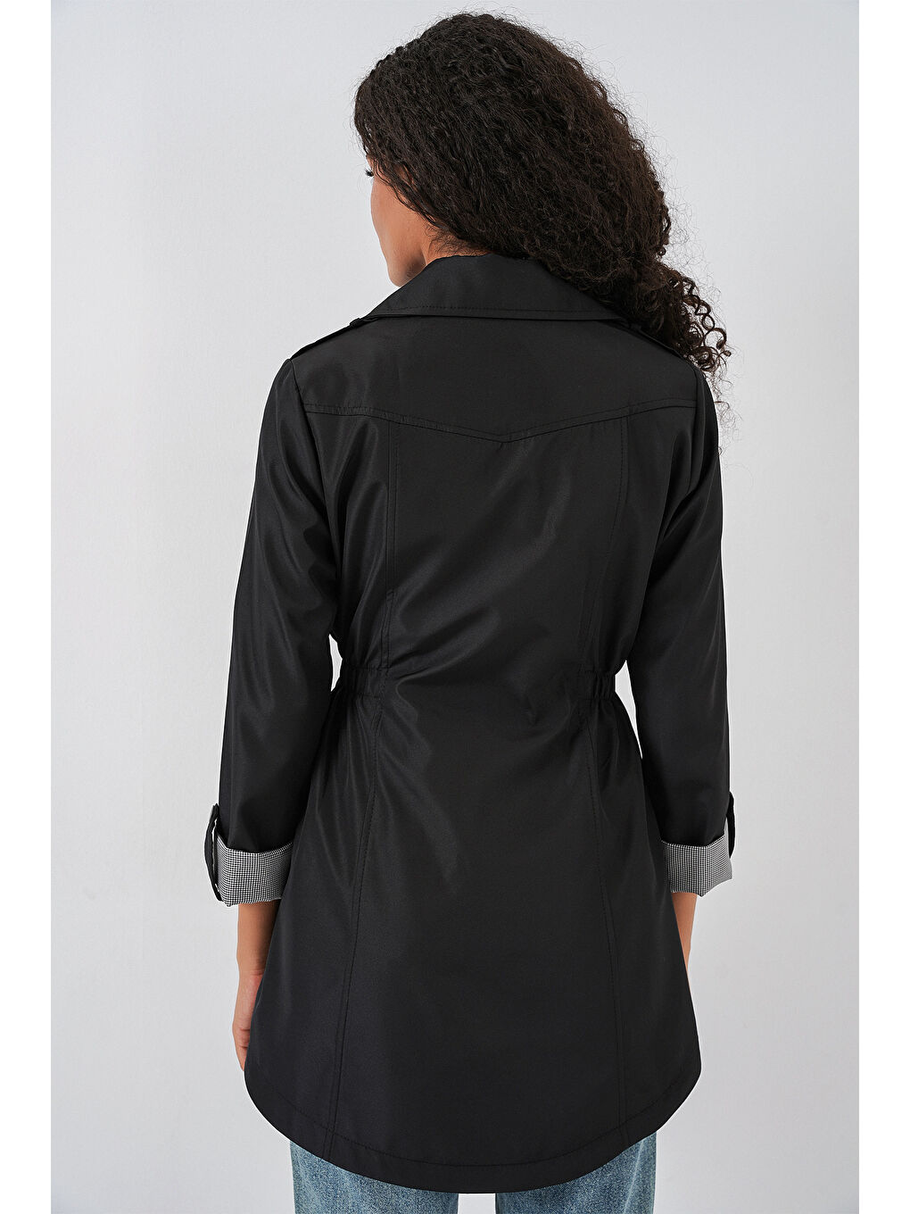 10322 Beli Büzgülü Trençkot - Siyah-5