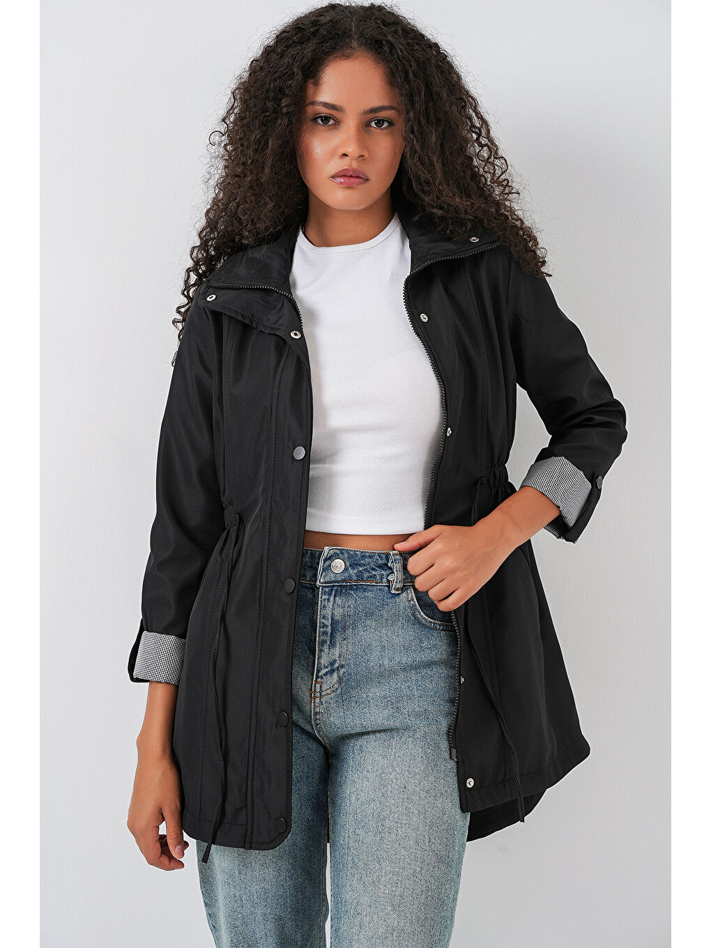 10322 Beli Büzgülü Trençkot - Siyah-2