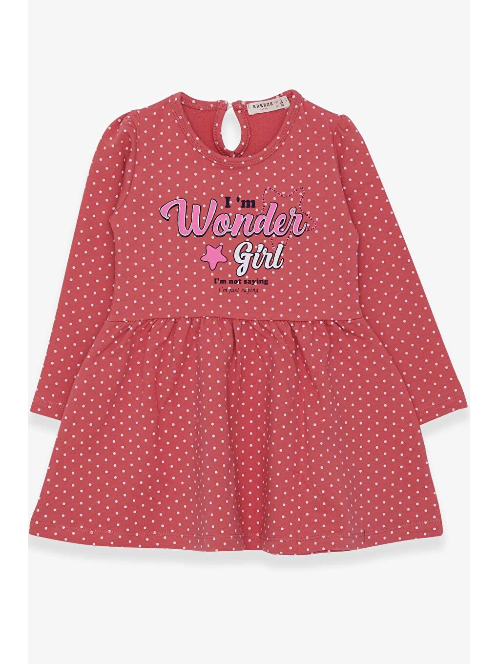 Kahverengi Kız Çocuk Elbise Puantiye Desenli Yazı Baskılı Kiremit (3-7 Yaş)