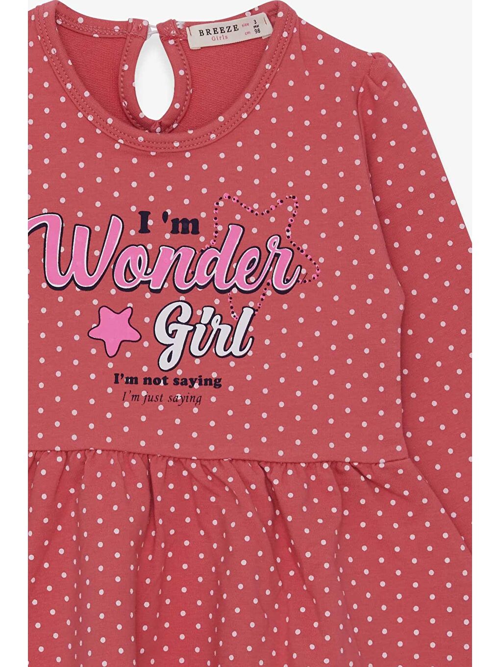 Kahverengi Kız Çocuk Elbise Puantiye Desenli Yazı Baskılı Kiremit (3-7 Yaş)-2