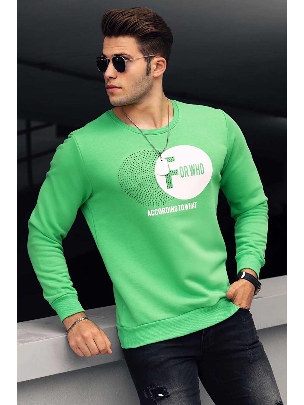 Yeşil Baskılı Bisiklet Yaka Sweatshirt 4756