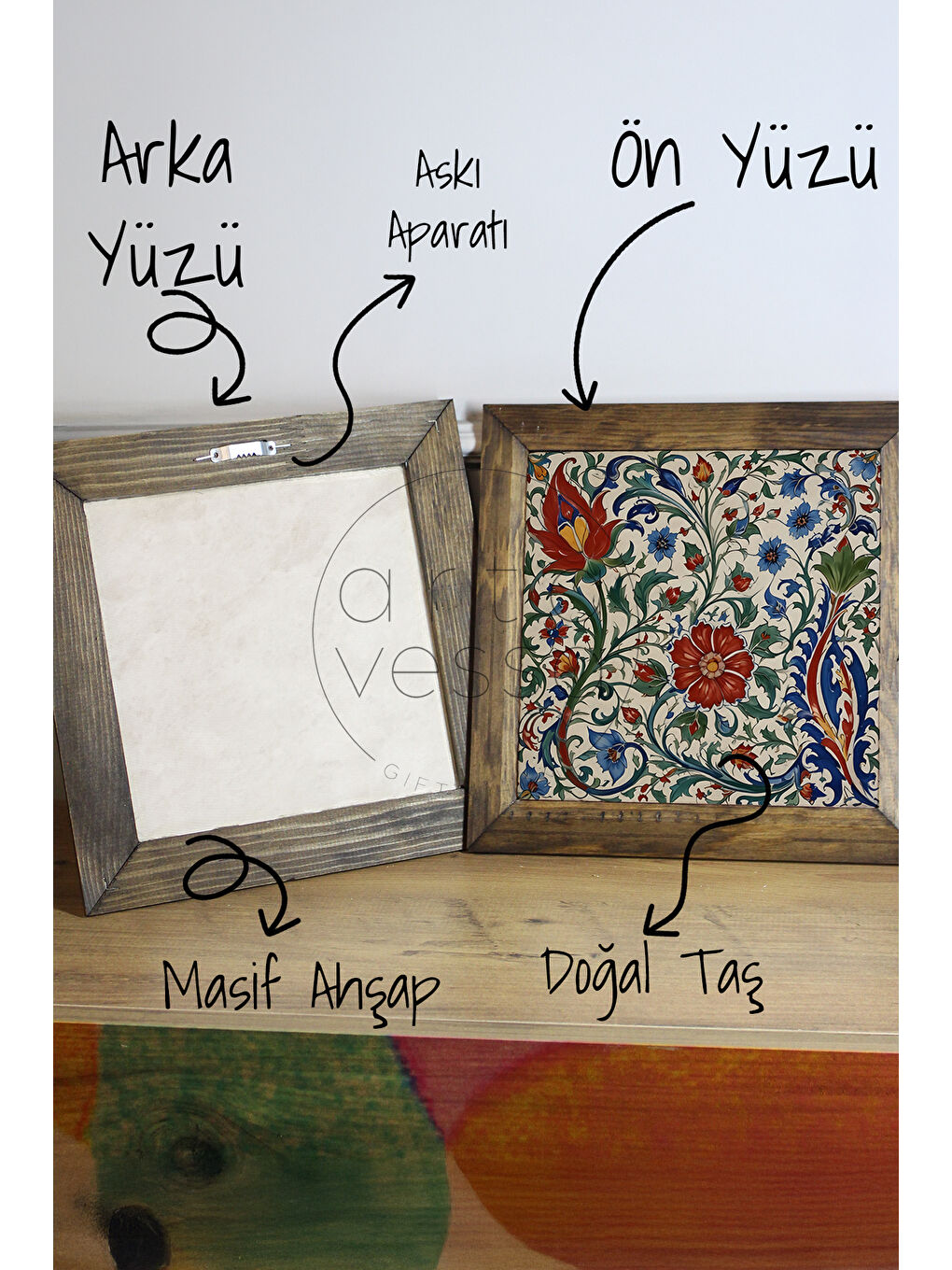 Beyaz Masif Ahşap Çerçeveli Taş Tablo Pano 16 x 16 cm - Çini 1 - 26 x 26-2