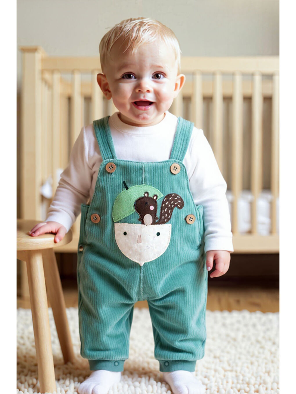 Yeşil Erkek Bebek Sincap Meyve Baskılı Salopet Set